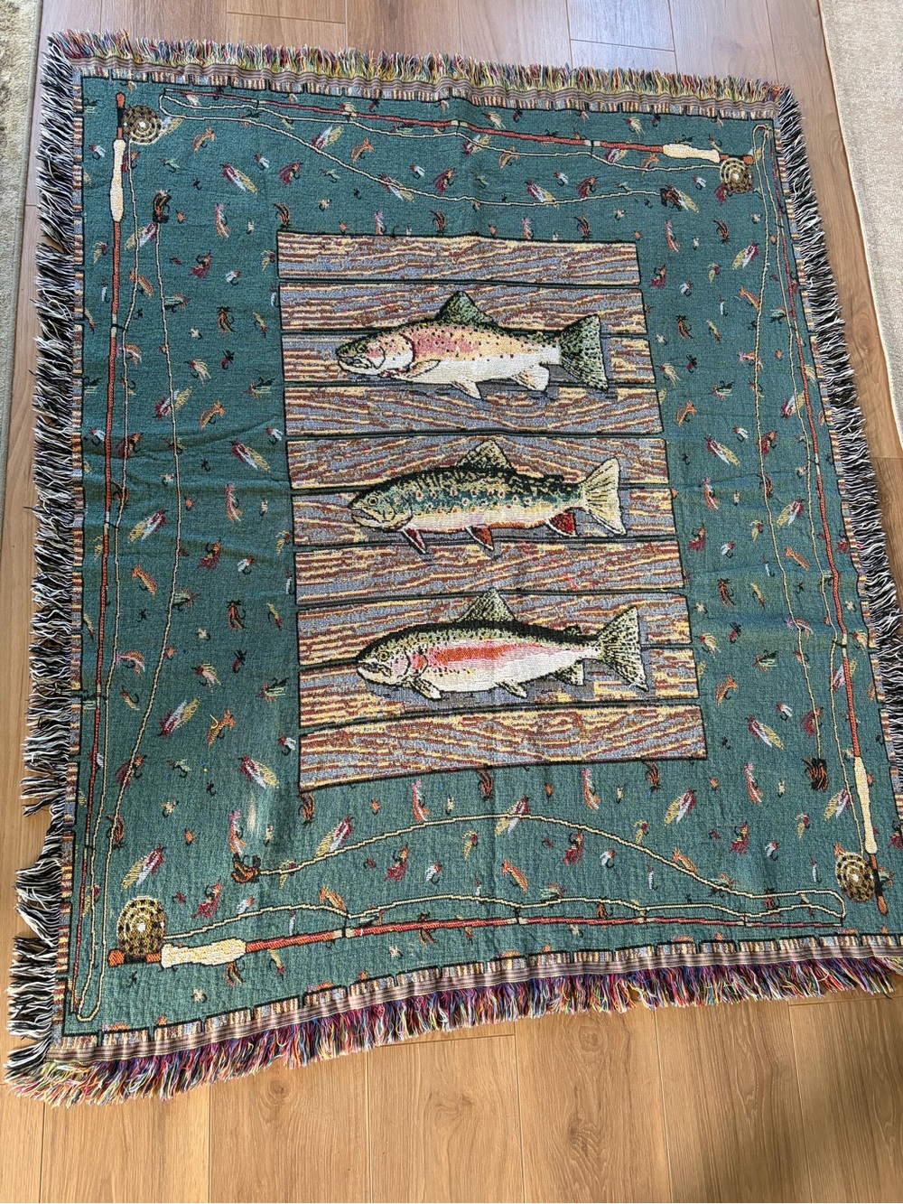 Vintage Fly Fishing Cotton Knit Tapestry Throw Blanket - Rainbow Trout